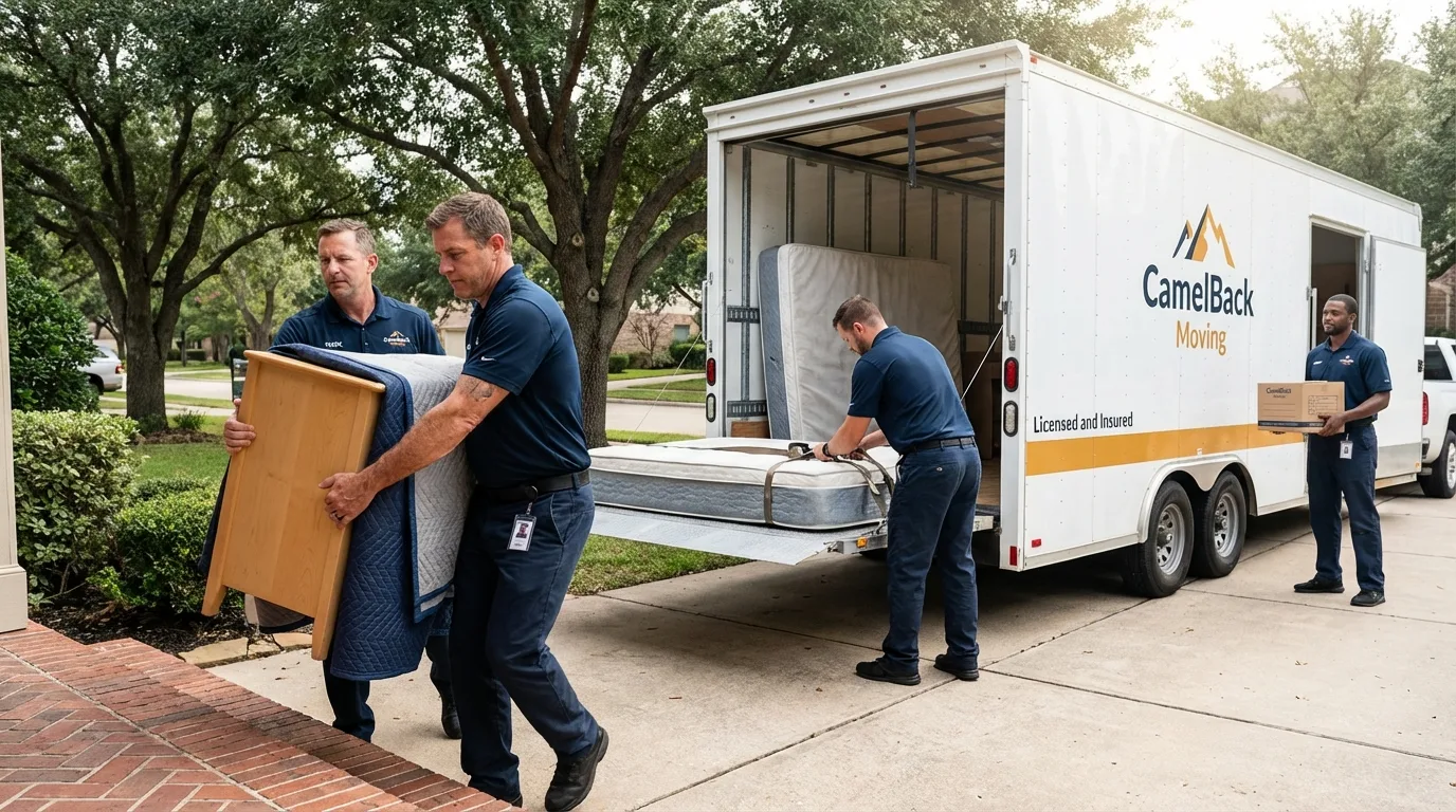 Crew loading residential truck for cross-state move from Big Lake, MN