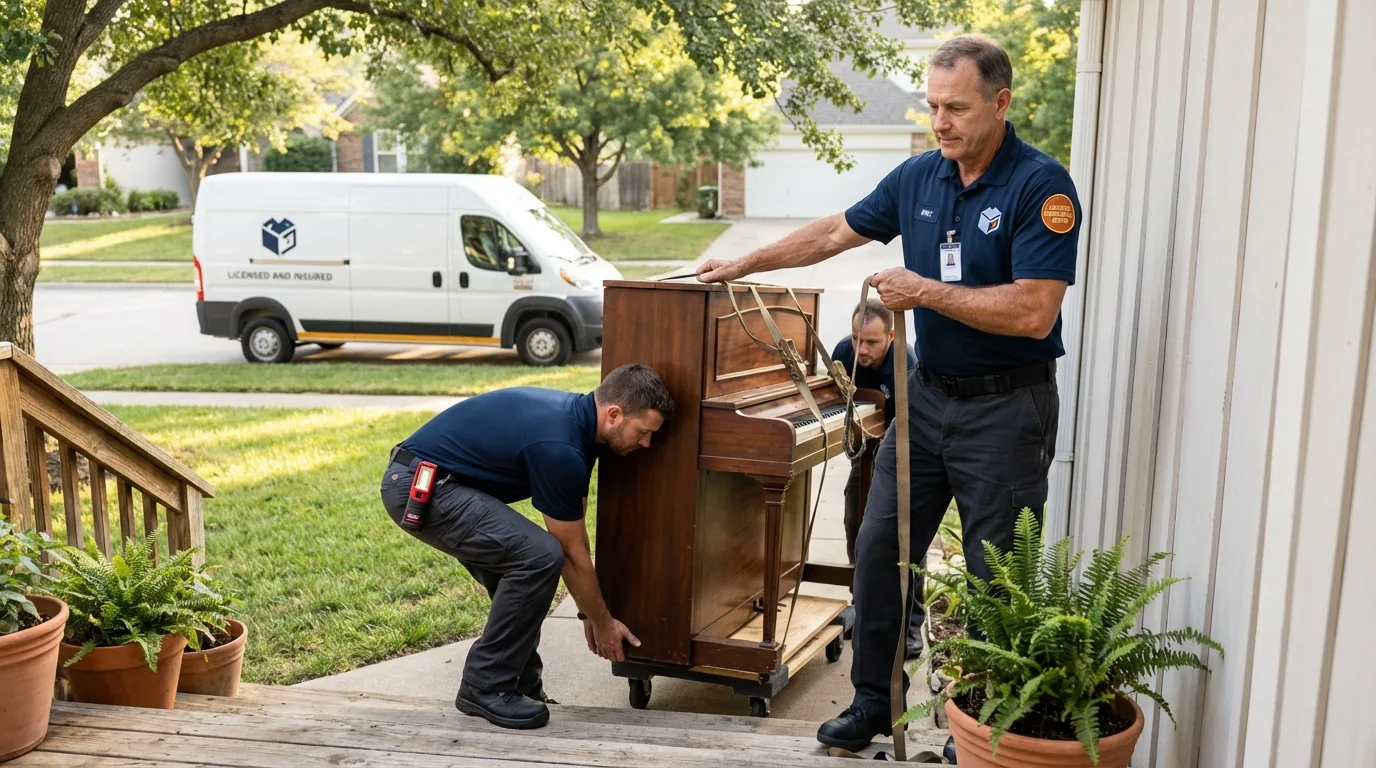 Licensed piano movers securing grand piano in Big Lake, MN
