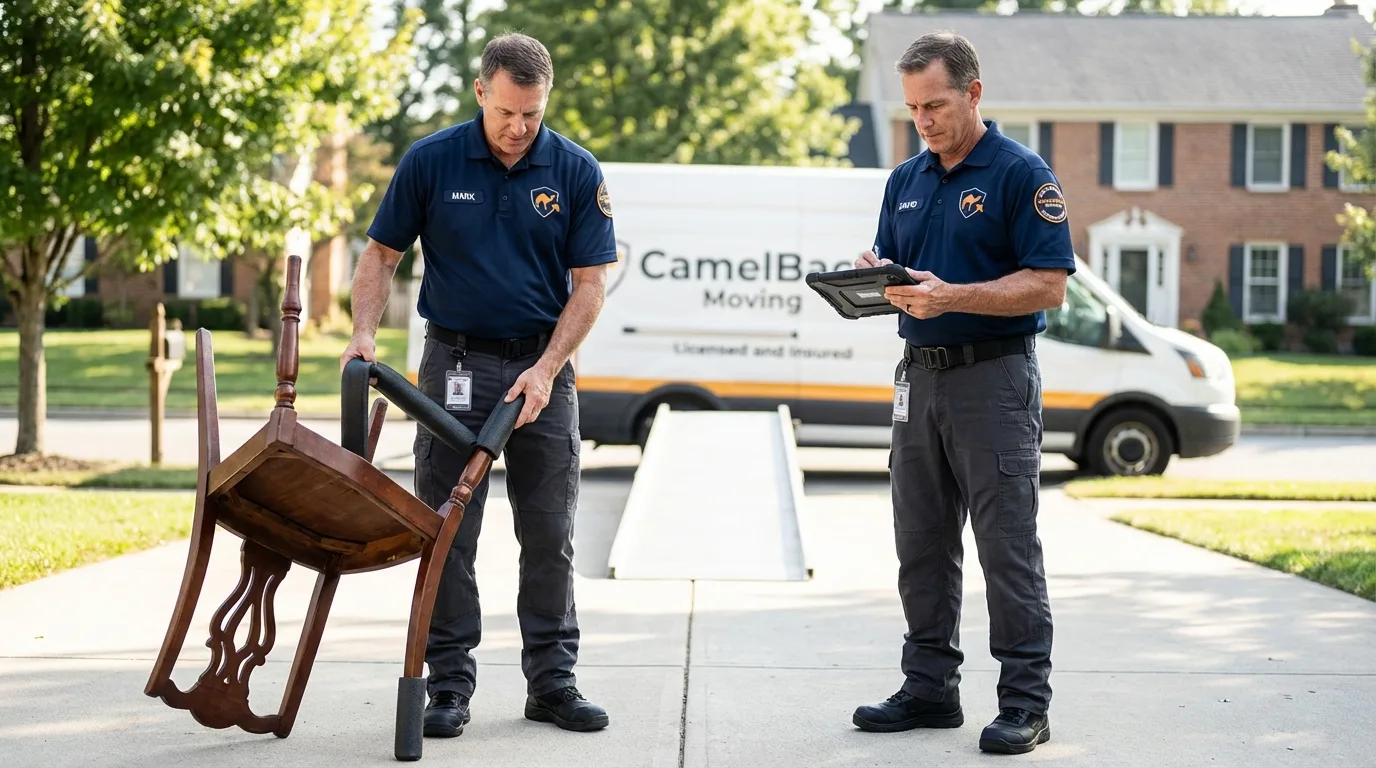 Movers inspecting furniture for damage prevention before loading in Big Lake, MN
