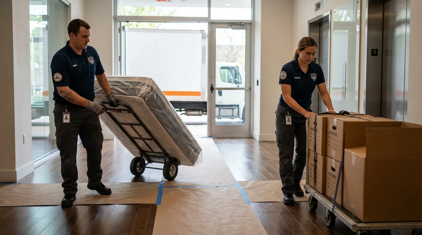 Professional apartment movers loading elevator in Big Lake, MN